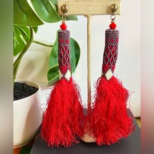 Vintage 80’s Red Tassel Seabead Pierced Earrings